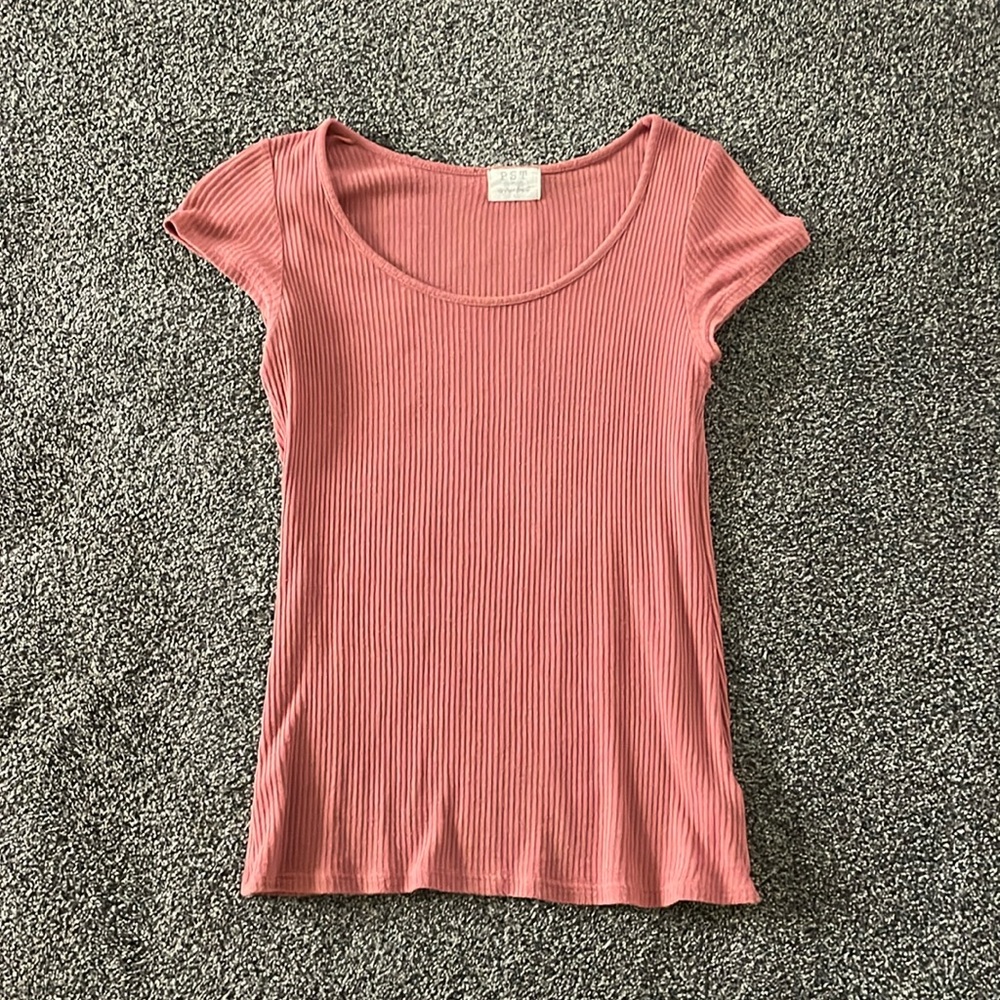 Ribbed, soft, coral, or salmon pink T-shirt